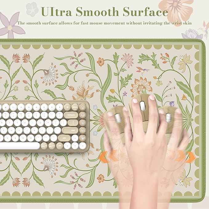 HAOCOO Sage Green Iris Flower Desk Pad Mat, Non-Slip XXL Mouse Pad with Stitched Edges, Cute Floral Computer Mat, Elegant Desk Decor for Home, School, Office Accessories