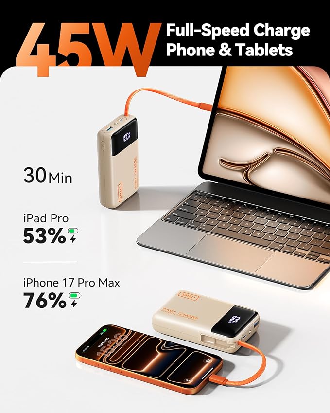 INIU 20000mAh Power Bank, Smaller 45W PD Fast Charging Portable Charger, Battery Pack with Build in USB C Cable, Travel Phone Flight-Safe Powerbank for iPhone 17 16 Samsung S26 Google iPad, Beige