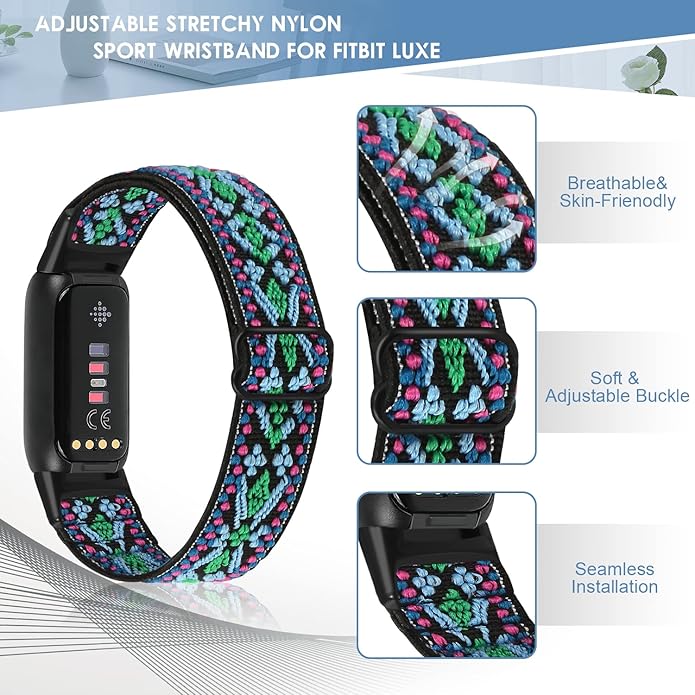 Adjustable Elastic Nylon Watch Band Compatible with Fitbit Luxe for Women Men,Soft Stretch Replacement Band for Fitbit Luxe Fitness and Wellness Tracker