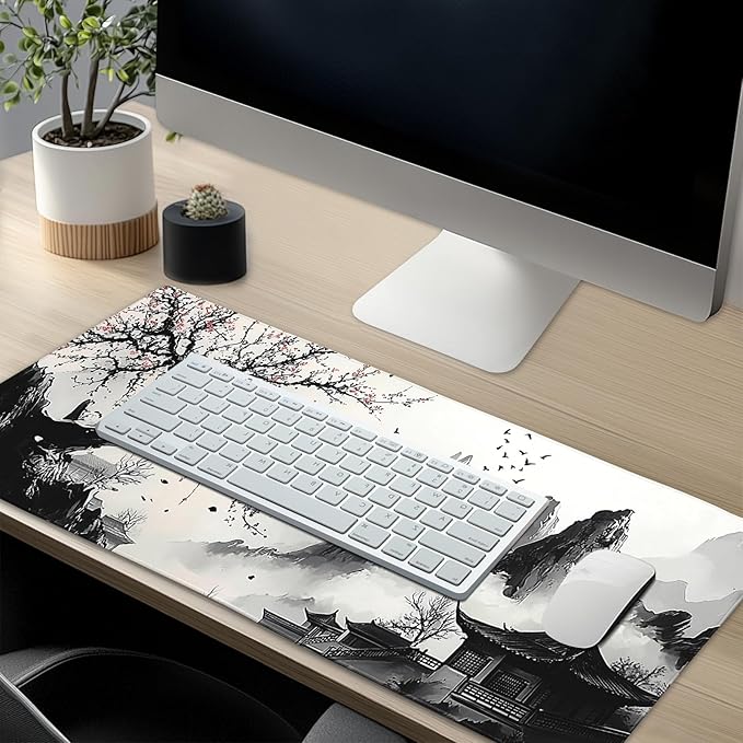 Japanese Anime Art Landscape Large Mouse Pad Large Extended Mouse Pad 31.5”x11.8” Non-Slip Rubber Base Full Desk Pad Japanese Sakura Gaming Keyboard Mat with Stitched Edges for Home Office Gaming Work