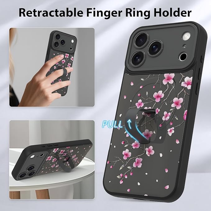 KANGHAR Compatible with iPhone 17 Pro Case, Magnetic Compatible with MagSafe, Cute Flower Floral Pattern Wristband Kickstand Full Camera Lens Shockproof Protective Case for Girls Women, Black