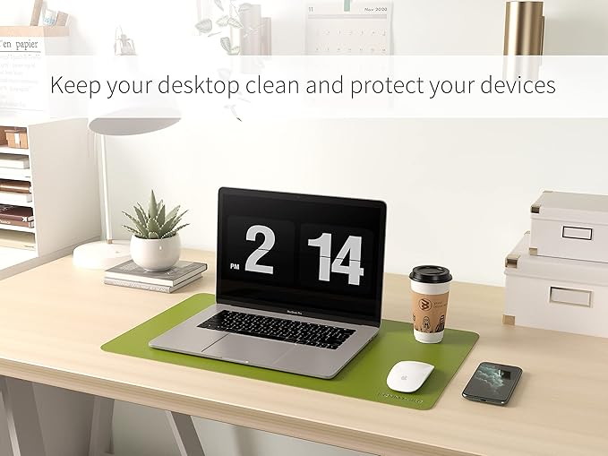 RENMTURE Dual-Sided Mouse Pad, Natural Cork & PU Leather Large Desk Pad for Office and Home Work, Desk Protector Non-Slip, Waterproof, Easy Clean (Olive Green, 23.6" x 13.7")