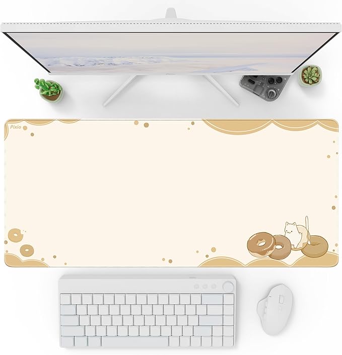 Pixio Mouse Pads - 36 x 16 inch XXL Cats & Donuts Beige Multifunctional Large Desk Mats for Gaming, Office, Desktop Anti-Slip Waterproof Washable Computer Mouse Mat