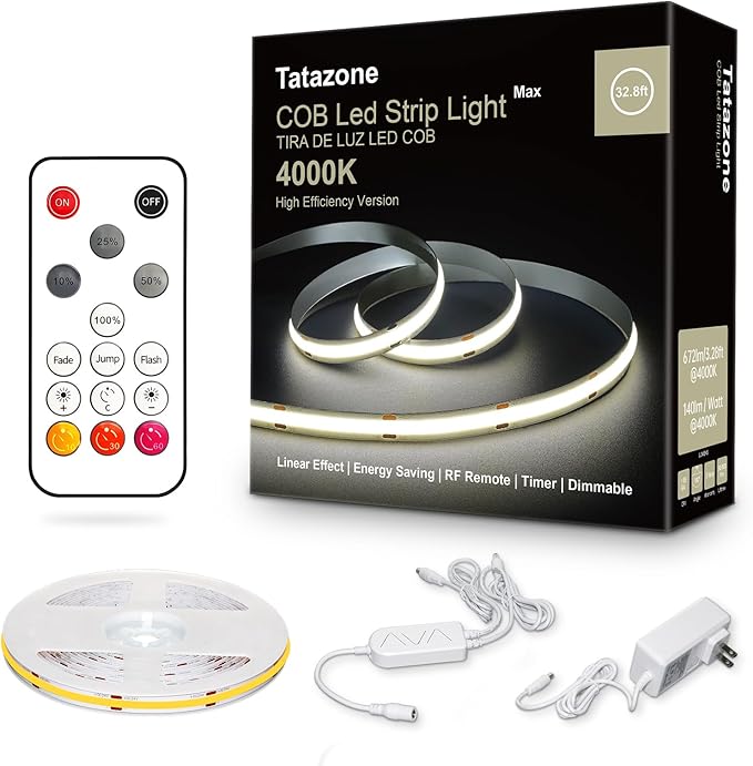 Tatazone 32.8ft 4000K White COB Led Strip Lights with Remote, Dimmable CRI93+ Bright Neutral White COB Light Strip, Indoor COB Led Lights for Kitchen, Room, Cabinet