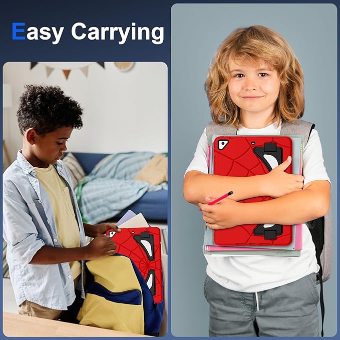 Case for iPad 6th/5th Generation 9.7 Inch 2018/2017, Rugged Full-Body Heavy Duty Soft Silicone Cute Protective Case Kids Boys Girls Cover with Handle Stand for iPad Air 2/Pro 9.7 - Red+Black