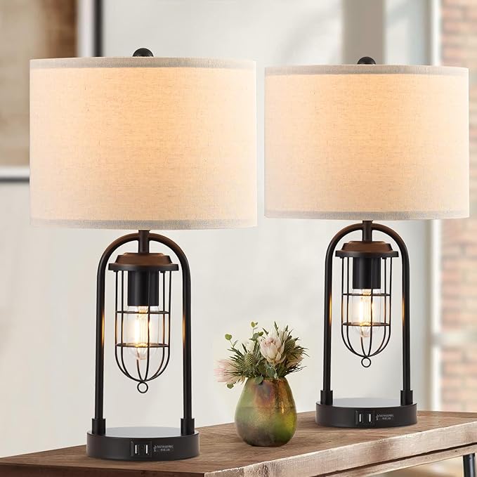 Kyrid Set of 2 Table Lamps with USB Ports and Night Light Farmhouse Nightstand Lamp for Living Room Bedroom（Bulbs Included）