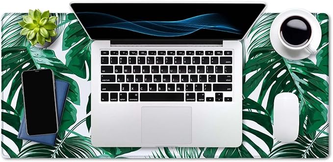 SSOIU Extended Gaming Mouse Pad (35.5x15.7 in), Large Stable Rubber Base Mousepad with Stitched Edges, Keyboard Mouse Mat Desk Pad for Work, Game, Office, Home - Tropical Palm Leaves