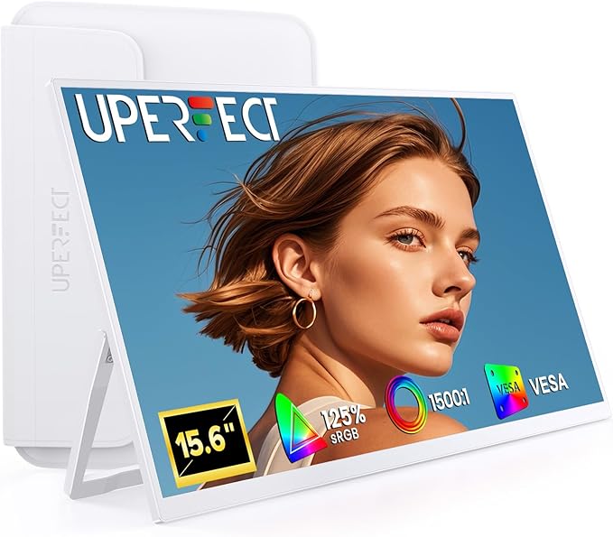 UPERFECT Portable Monitor 15.6", 125% sRGB 1080P Laptop Monitor, Ultra-Slim White Display, USB-C & MINI HDMI, 350 Nits, VESA & Case, Travel Small Second Screen for Computer, Mini PC, Game Consoles