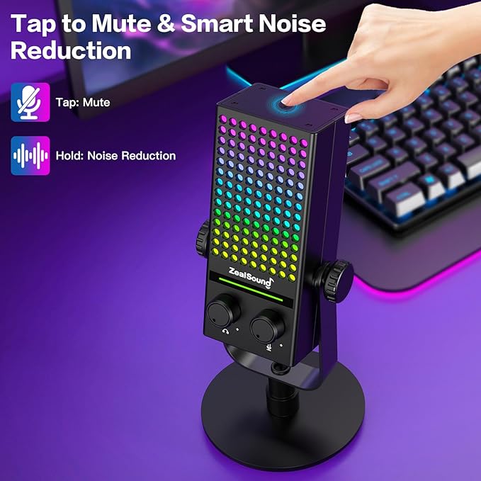 ZealSound Gaming Microphone for Xbox, PC & Mac, Noise Cancellation Streaming Mic with One Tap Mute, RGB Lighting, Monitoring, Gain Control, Condenser Mic for iPhone, Computer, Podcast, Gamer, YouTube