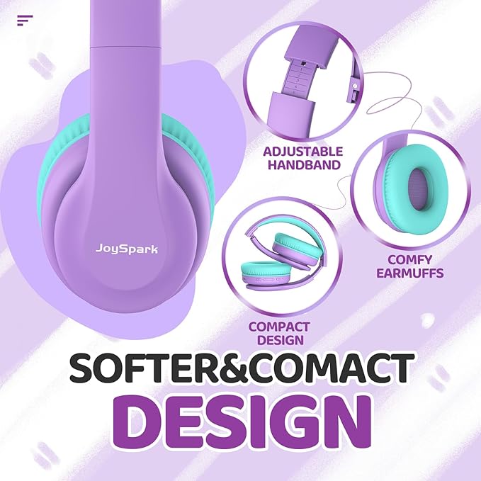 JoySpark Kids Bluetooth Headphones, Lightweight Wireless Headphones for Kids, 85/94dB Volume Limited, 60 Hours Playtime, Bluetooth 5.3, Over-Ear Toddler Headsets with Built-in Mic-Purple
