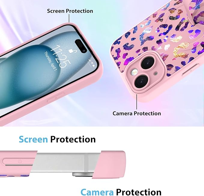 KANGHAR Compatible with iPhone 15 Case, Support for MagSafe, Silicone Cute Iridescent Leopard Cheetah Pattern, Wristband Kickstand Shockproof Protective Slim Cover for Women Girls, Pink