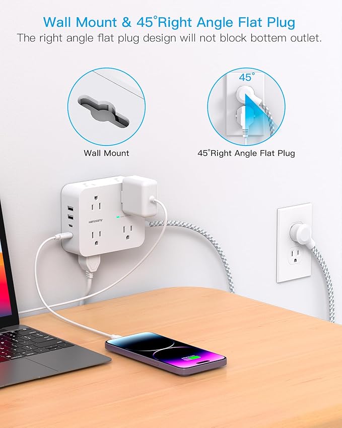 Extension Cord 20 Ft, HANYCONY Power Strip Surge Protector with 8 Outlets 4 USB Ports(2 USB C), Long Cord, Flat Plug, Wall Mount, Desk USB Charging Station for Home Office Essentials