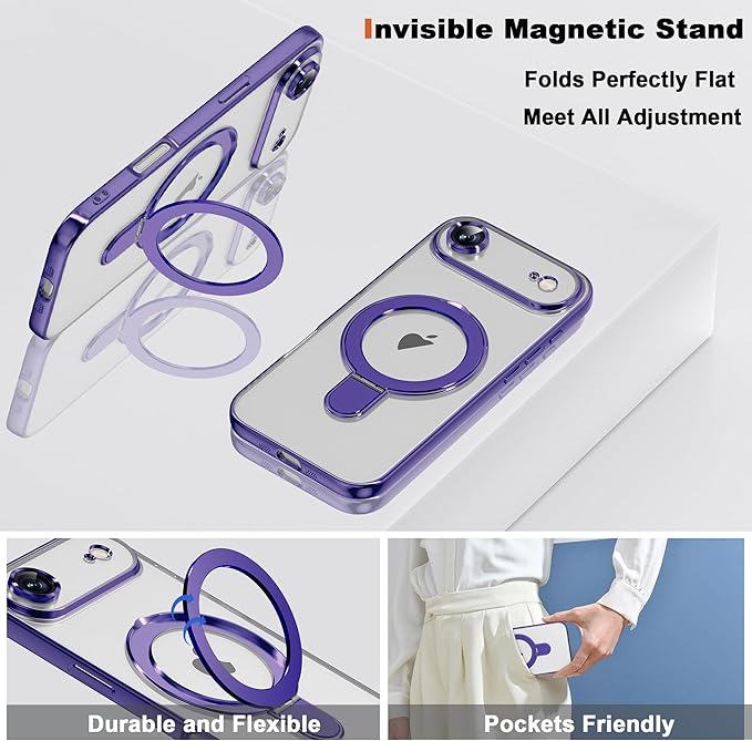 Compatible with iPhone 17 Air Case with Invisible Magnetic Ring Stand [Compatible with Mag-Safe] [Full Camera Lens Protector] Plating Clear Phone Case for iPhone 17 Air 6.5", Purple