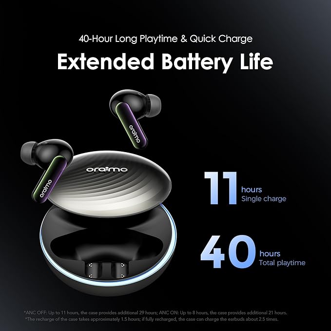 Oraimo SpaceBuds ANC Wireless Earbuds, 50dB Noise Cancelling Bluetooth Earbuds, 4-Mic Clear Calls in Ear Headphones, Heavy Bass, Personalized Light Effects, Slide Design, App Control, 40H Play