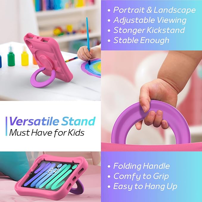 Kids Case for iPad mini 7 (A17 Pro) 2024 / Mini 6th Gen 2021 8.3 inch – Lightweight Flexible Shockproof Rotating Stand Handle Rugged Cover for iPad mini 7th 6 Generation Girls Boys, Pink