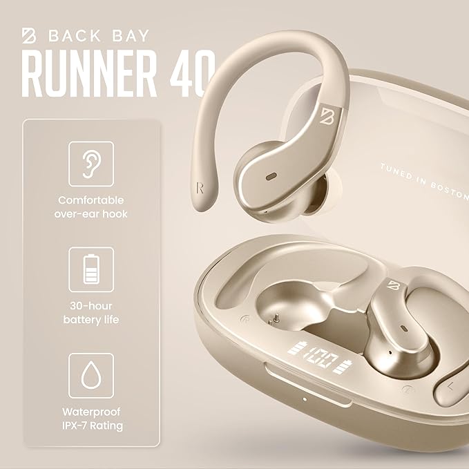 Back Bay Audio - Runner Wireless Earbuds for Running, Workout Wrap Around Earbuds Bluetooth Headphones for Sports, Around The Ear Wireless Bluetooth Running Headphones, Hook Over Earphones Earhooks