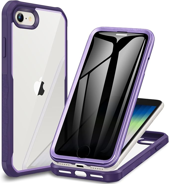 CENHUFO Privacy Case for iPhone SE 2022 3rd / iPhone SE 2020 2nd / iPhone 8/7, Full Body Phone Cover with Built-in 9H Tempered Glass Privacy Screen Protector, Anti Peep Shockproof Bumper - Purple