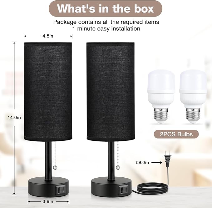 PartageiZ Black Bedside Lamps for Bedroom Set of 2 - Nightstand Table Lamp with USB Charging Port, Pull Chain Night Stand Light, Side Table Desk Reading Lamp for Living Room/Dorm/Bathroom/Kitchen