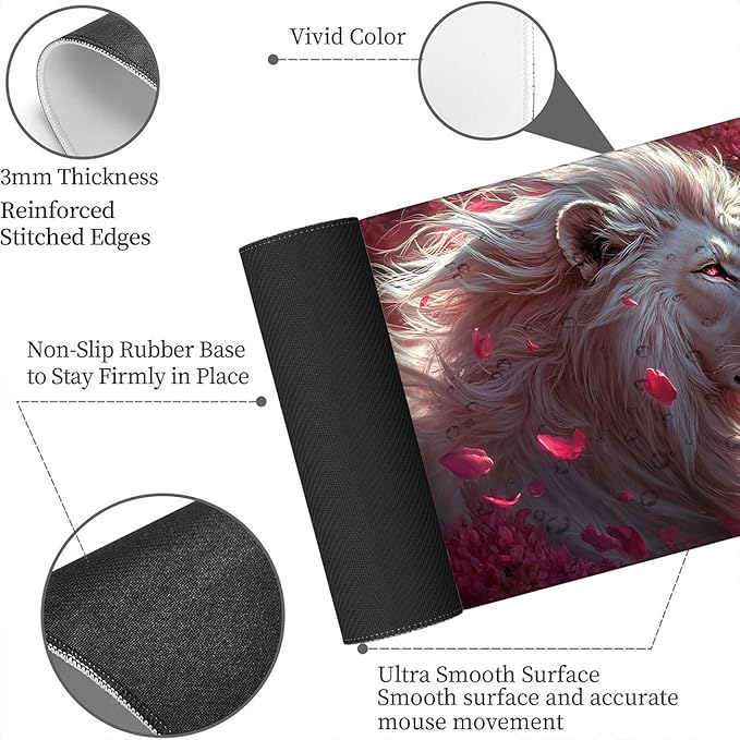 Wildlife Extended Mouse Pad Lion Pink Flower XL Mouse Pad Large Mousepad Extended Laptop Keyboard Mat Gaming Desk Pad Mouse Mat for Office Desktops, Home Workstations, and Laptops 31.5x11.8 Inch