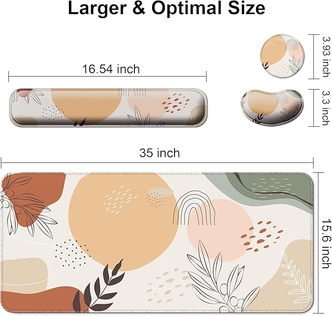 Keyboard Wrist Rest + Mouse Pad with Wrist Support + Desk Mat + Coaster 4 in 1 Set, XXL Large Gaming Mousepad Cute Ergonomic Mouse Pads for Desk Computer Laptop Office Decor-Boho Leaves