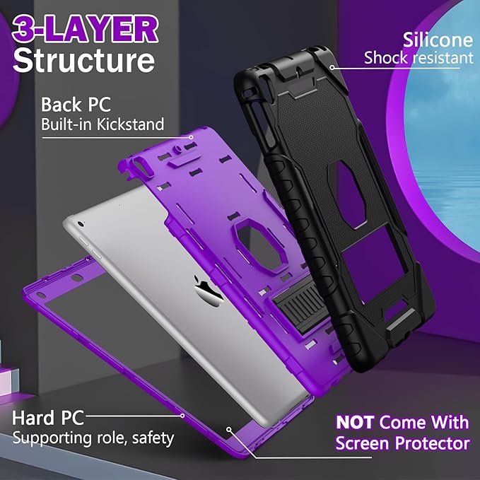 ZoneFoker 9.7" Case for iPad 6th/5th Generation 2018/2017, for iPad Air 2 / Air 1st / Pro 9.7, Heavy Duty Shockproof Protective 9.7 Inch Cover with Built-in Stand for i Pad 6 5 Gen(Black+Purple)