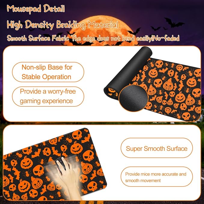 Halloween Mouse Pad - 31.5×15.8 Inch Gaming Mouse Pad with Stitched Edges for Keyboard and Mouse