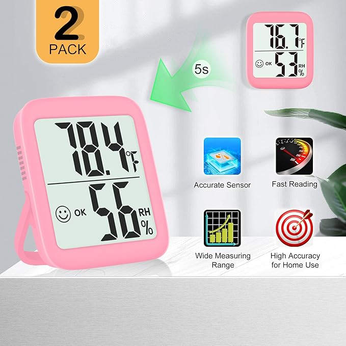 Antonki 2 Pack Room Thermometer for Home, Hygrometer Indoor Humidity Meter Gauge, Digital Temperature and Humidity Monitor Sensor for House, Terrarium, Incubator, Greenhouse - Battery Included