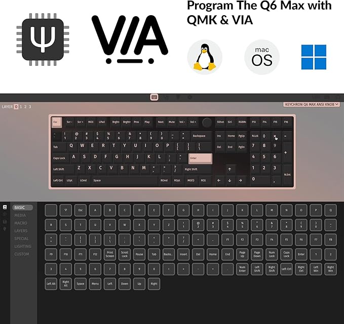 Keychron Q6 Max QMK/VIA Bluetooth Wireless /2.4 GHz/USB-C Wired Custom Mechanical Keyboard, Full Size Programmable Knob RGB Backlit Hot-Swappable Gateron Red Switch for Mac Windows Linux - Black