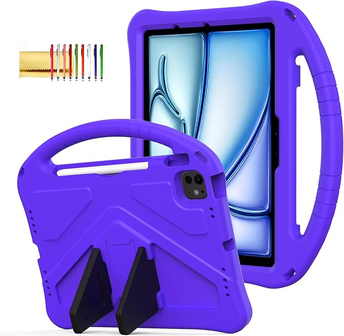 Kids Case for iPad Pro 11-inch (M5) 2025/(M4) 2024, Air 11" 2026 M4/M3/M2 Case with Pencil Holder, Techcircle Lightweight Shockproof EVA Foam Handle Stand Anti-Slip Grip Rugged Cover, Purple