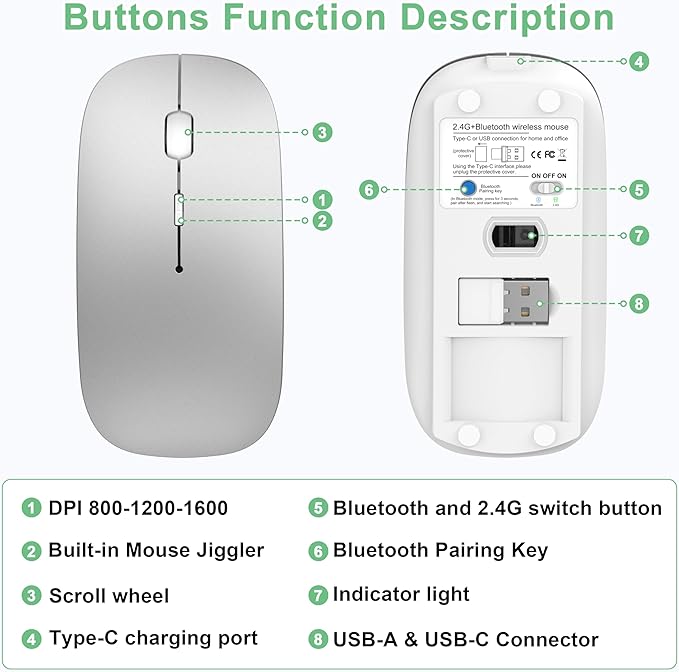 Wireless Mouse for MacBook Pro/Air, Bluetooth Rechargeable Mouse with USB-C, Slim Mouse Jiggler for iPad/iMac/Laptop/PC, 2.4G Dual Mode, Silent Click, Compatible Mac OS/Windows, Silver