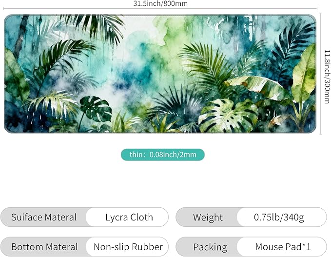 Thin Extended Gaming Mouse Pad （31.5 * 11.8 * 0.08 inch） with Stitched Edges Large, Long XXL Keyboard and Mouse pad Desk Mat for Gaming Office & Home -Watercolor Jungle Rain