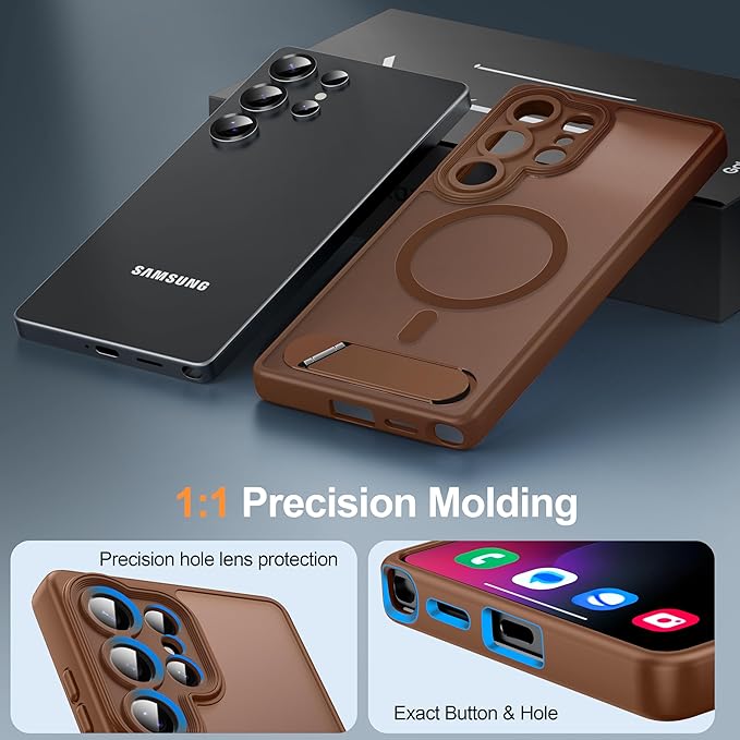 Magnetic for Samsung Galaxy S25 Ultra Case, [Compatible with MagSafe][Full Camera Protection][Built-in Invisible Kickstand] Translucent Matte Phone Case for S25 Ultra 6.9" - Brown