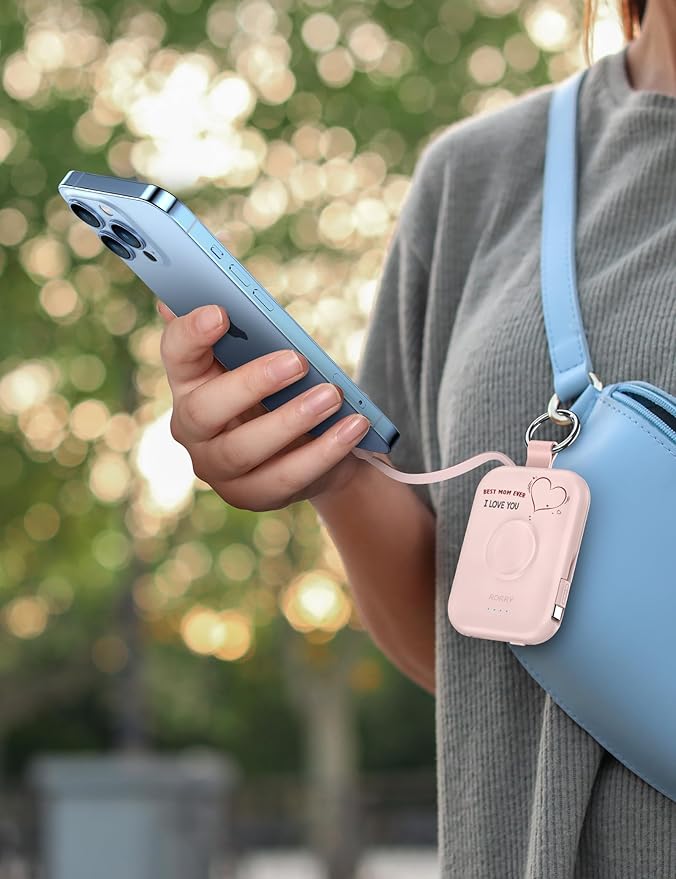 RORRY Portable Charger, 5000mAh Portable Charger Power Bank with Built-in Cables, Travel Keychain Battery Pack for Apple Watch Ultra/11/10/9/8/7/6/SE, iPhone Air/17/16/15/14/13/12, Mom-Pink