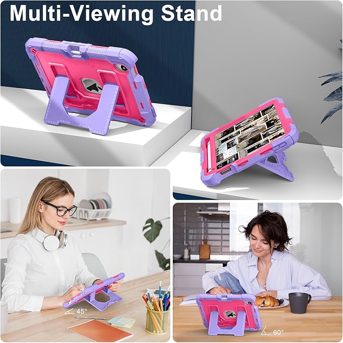Kids Friendly Case for Apple iPad mini 7 A17 Pro 2024/iPad Mini 6 2021 8.3 Inch 7th/6th Gen Case with Pencil Holder & Shoulder Strap, Shockproof Kickstand Hard Shell Protective Cover,Rose+Purple