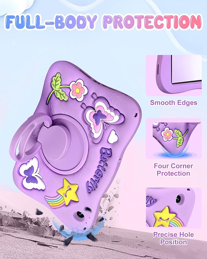 Kidcube for Samsung Galaxy Tab A9 Plus Case 11 Inch - for Girls Cute Kawaii Girly 3D Purple Butterfly Design Cover with Rotating Stand & Strap Unique Silicone Women for Samsung A9 Plus Tablet Cases
