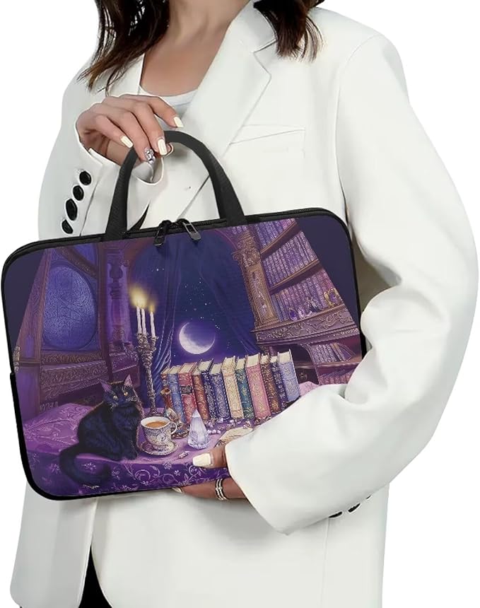 Purple Library Laptop Sleeve Case for Women Men 15 Inch Laptop Protector with Multiple Uses Portable Computer Sleeve Kawaii Cat Tablet Bag Laptop Carrying Case Gifts for Girls