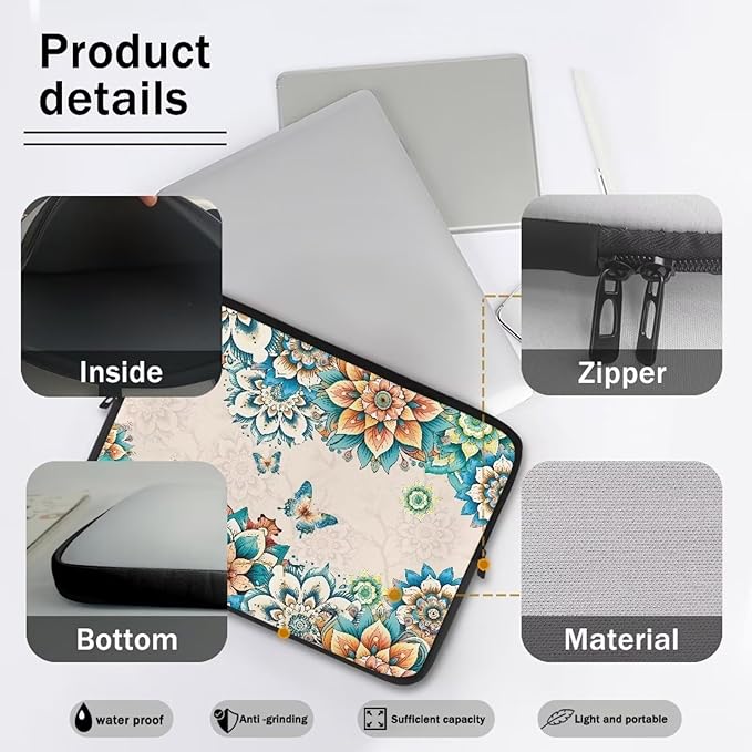 Boho Flower Butterfly Laptop Protective Sleeve for Women Computer Sleeve 10 Inch Laptop Case Bag Portable Computer Carrying Case Suitable GITS for Men Teens