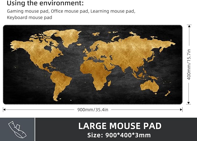 Rinaze Mouse Pad Desk Mat, Multifunctional Large Gaming Mousepad, Office Desk Pad with Washable Durable Design, Keyboard Pad in Black World Map