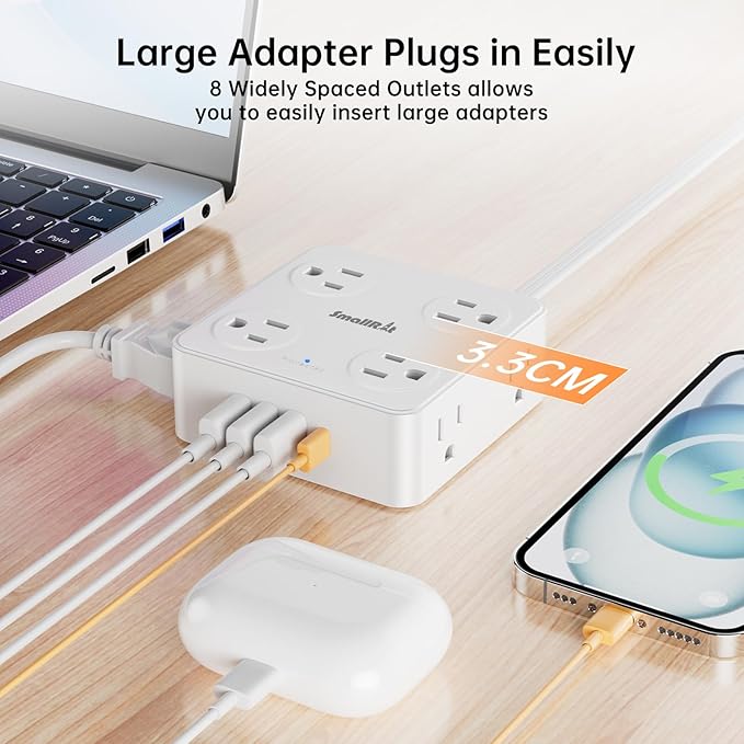 6.5Ft Power Strip with Surge Protector, 8 Outlets 4 USB Ports Extension Cord, Flat Plug Charging Station for Home Office Desk & College Dorm Essentials, White