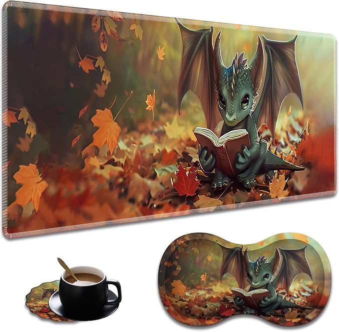 Ergonomic Dragon Reading Book Extended Mouse Pad 31.5" x 11.8" Set, with Wrist Rest & Lace Coasters, Pain Relief Design, Non-Slip Desk Mat for Home & Gaming