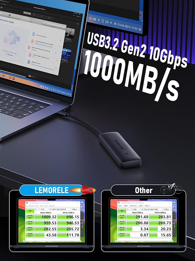 Lemorele M.2 NVMe Enclosure, USB 3.2 Gen2 10Gbps Tool-Free, SSD Enclosure for PCIe M-Key, Nvme USB Adapter Support UASP Trim for 2280 2260 2242 2230, Up to 4TB, (Sata NOT Supported)