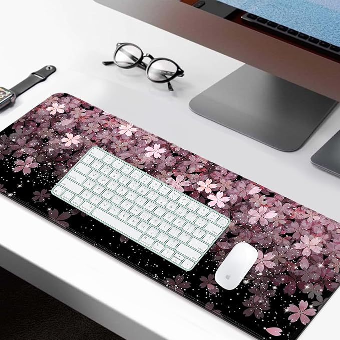 Japanese Cherry Blossom Gaming Desk Mat, Computer Keyboard Large Extended Flowers Mouse Pad for Office and Home, 31.5×11.8 Inches, XL, Black