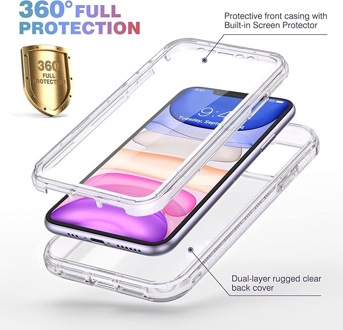 Diaclara Compatible with iPhone 11 Case, Full Body Rugged with Built-in Touch Sensitive Anti-Scratch Screen Protector, Soft TPU Bumper Case Clear Compatible with iPhone 11 6.1" (Crystal Clear)