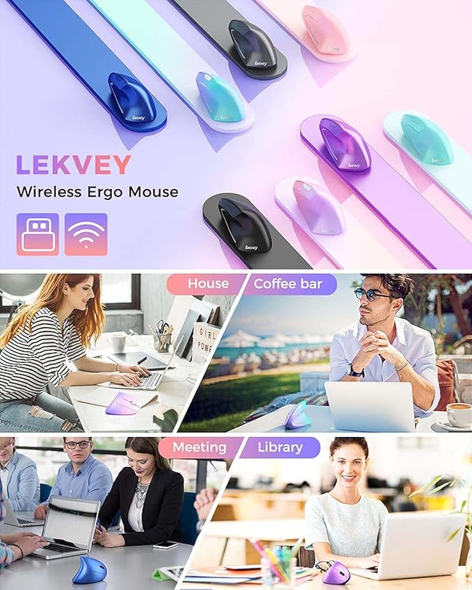 Lekvey Ergonomic Mouse, Vertical Wireless Mouse Rechargeable 2.4 GHz Optical Carpal Tunnel Mouse : 800/1200/1600 DPI, 6 Buttons, for Laptop, PC, Mac, Computer, Desktop, Notebook etc, Pink to Purple