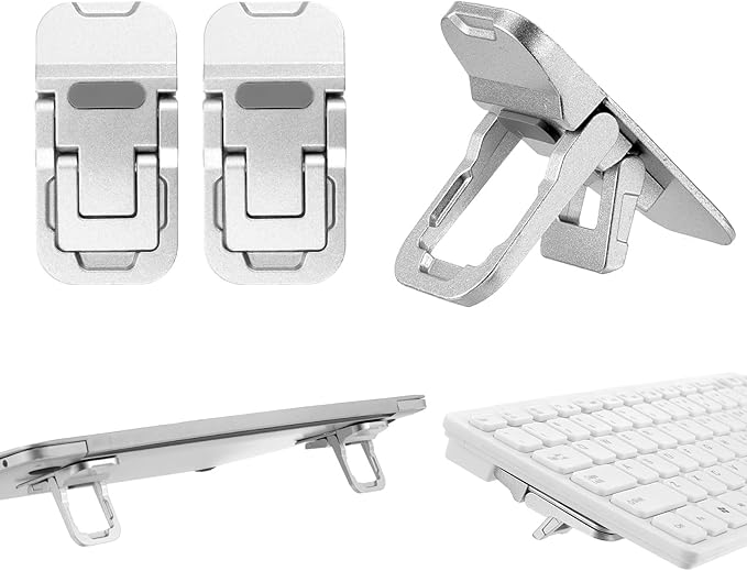 Bewudy 2 Pcs Portable Keyboard Riser With Dual Tilt Angle Adjustment, Foldable Laptop Stand, Mini Computer Stand for Desk, Self-Adhesive Feet for Most Keyboards (Silver)