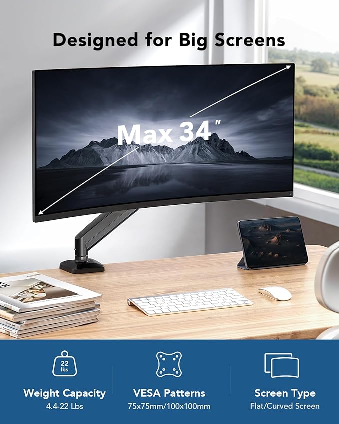 HUANUO Single Monitor Mount, Adjustable Monitor Arm for 13–34 Inch Screen Up to 22lbs, C-Clamp & Grommet Base, Ergonomic Stand for Work and Gaming, VESA 75x75mm or 100x100mm
