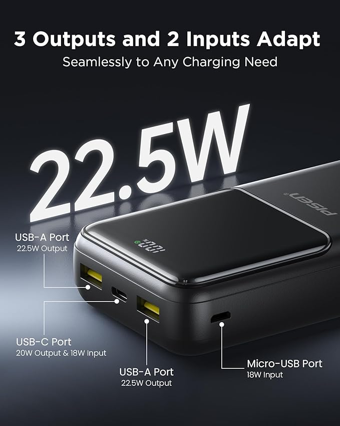 PISEN CCC Certified Power Bank - 20000mAh 22.5W 3C Power Bank, Travel Battery Pack Portable 3C Charger, PD3.0 QC3.0 20000mAh LED Display Portable Charger 2USB-A, 1USB-C for iPhone, Samsung and More