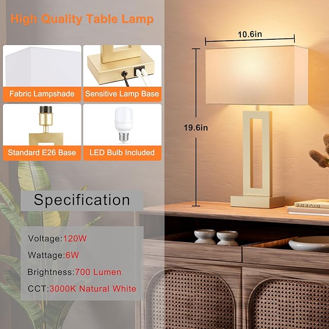 Seealle Nightstand Table Lamps for Bedrooms Set of 2 - Touch Bedside Lamp with USB C+A, 3 Way Dimmable Living Room Lamps for End Tables Set of 2(White&Gold)