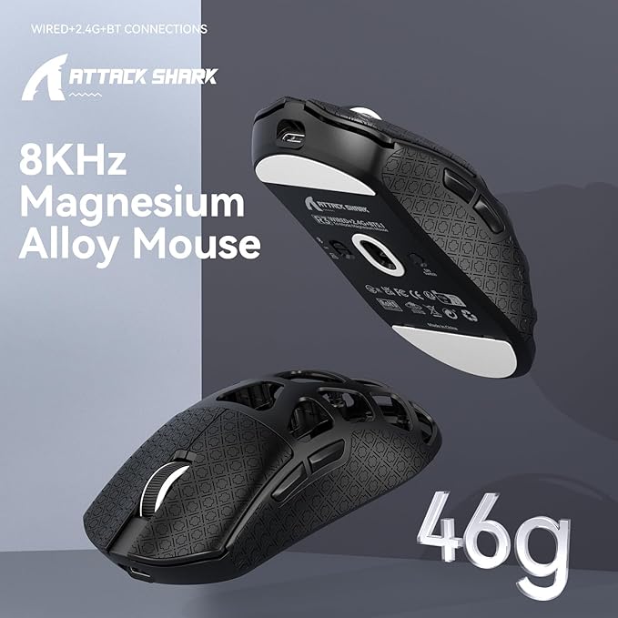 ATTACK SHARK R3 46g Superlight Magnesium Alloy Wireless Gaming Mouse, BT/2.4G/Wired Computer Mouse, 8KHz Polling Rate, PAW3395 26K DPI Sensor Programmable Mice Griptape for PC/Laptop/Mac (Black)