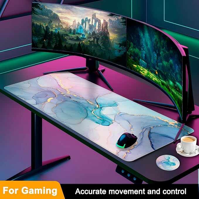 Large Gaming Mouse Pad with Coaster, Desk Matt for Desktop, Desk Pad, Mouse Pads Mat, Stitched Edges Big Extended Mousepad for Computer Keyboard Laptop Office Decor, 31.5'' x15.6''-Blue Marble